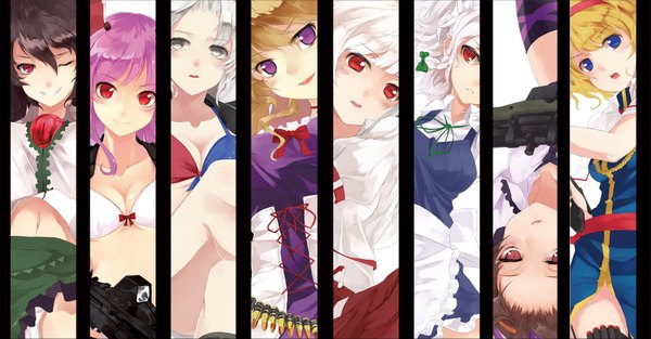 Anime picture 1697x888 with touhou izayoi sakuya yakumo yukari alice margatroid reisen udongein inaba fujiwara no mokou reiuji utsuho yagokoro eirin himekaidou hatate nanahara fuyuki blue eyes black hair blonde hair smile red eyes brown hair wide image purple eyes multiple girls pink hair