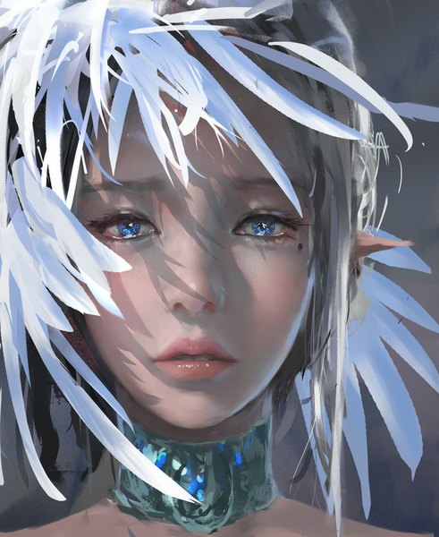 Anime picture 756x924 with ghost blade yan (ghost blade) wlop single tall image looking at viewer blush short hair blue eyes simple background silver hair parted lips lips pointy ears grey background mole teeth shadow mole under eye portrait