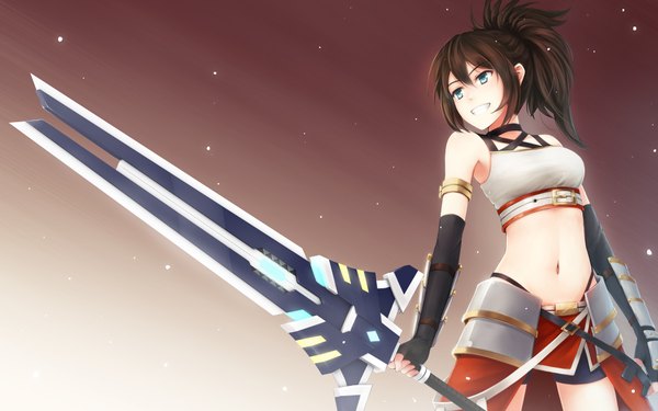 Anime picture 1920x1200 with original ricegnat single long hair highres blue eyes black hair smile wide image ponytail from below midriff grin girl navel weapon sword fingerless gloves