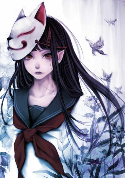 Anime picture 800x1132 with original nejimaki oz single long hair tall image looking at viewer fringe black hair red eyes upper body horn (horns) lips pointy ears mole mole under eye floating hair demon girl pale skin oni horns mask on head