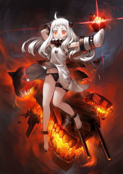 Anime picture 848x1200 with kantai collection northern ocean hime asuka111 single long hair tall image light erotic red eyes looking away ahoge white hair barefoot horn (horns) outstretched arm weightlessness white skin shinkaisei-kan girl dress gloves