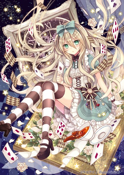 Anime picture 707x1000 with alice in wonderland alice (wonderland) nozomi fuuten single long hair tall image looking at viewer blush fringe breasts hair between eyes sitting holding green eyes :o high heels zettai ryouiki puffy sleeves lens flare girl