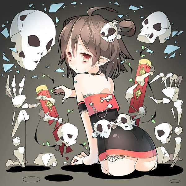 Anime picture 1000x1000 with original chitetan single blush short hair light erotic red eyes brown hair bare shoulders ahoge looking back pointy ears grey background skull and crossbones girl