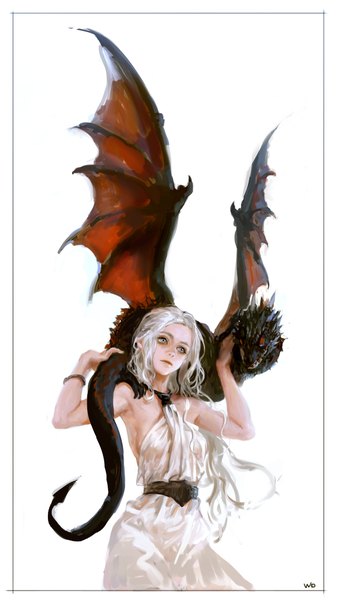 Anime picture 1200x2129 with a song of ice and fire daenerys targaryen drogon woodendolphin long hair tall image white background bare shoulders signed white hair armpit (armpits) grey eyes framed girl dress bracelet belt white dress dragon