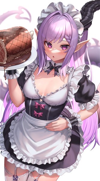 Anime picture 1000x1804 with original suraimu (suraimuraimu) single long hair tall image looking at viewer blush fringe open mouth simple background standing white background purple eyes holding payot purple hair tail horn (horns) from above :o