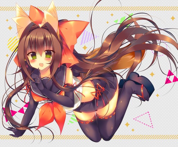 Anime picture 1275x1050 with original monaka natsume single long hair looking at viewer blush fringe open mouth light erotic simple background smile hair between eyes brown hair bare shoulders green eyes animal ears full body tail :d animal tail