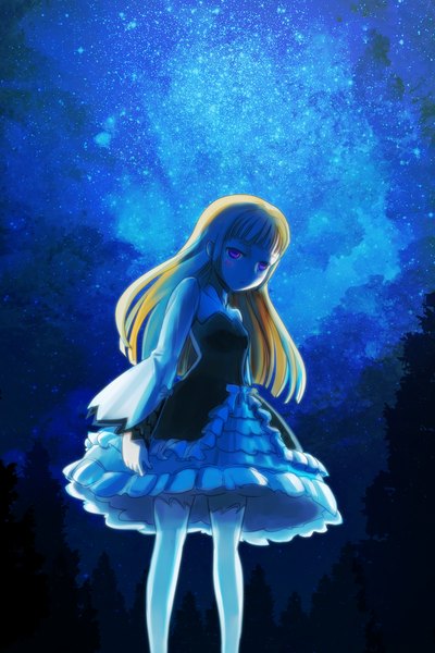 Anime picture 1000x1500 with original chen qi (chanseven) single long hair tall image looking at viewer blush blonde hair purple eyes night night sky girl thighhighs dress white thighhighs