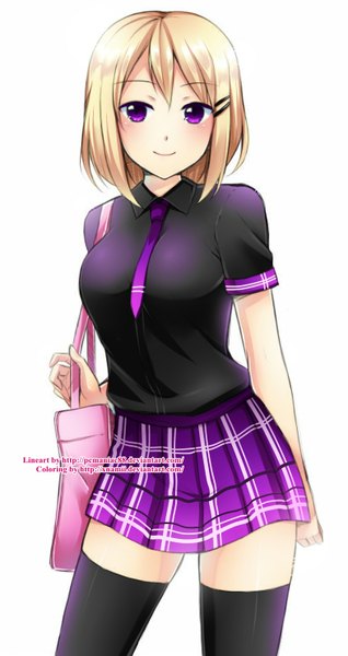 Anime picture 785x1480 with nami (nyaa) single tall image blush short hair simple background blonde hair smile white background purple eyes girl thighhighs skirt hair ornament black thighhighs necktie hairclip bag