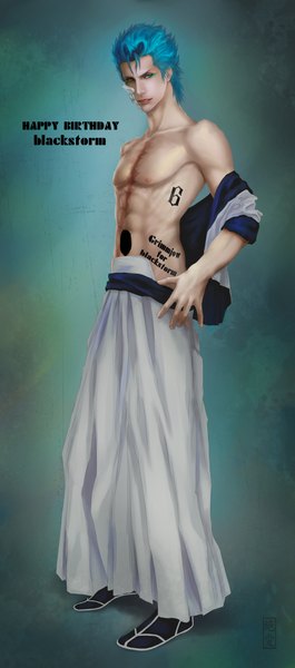 Anime picture 2091x4720 with bleach studio pierrot grimmjow jeagerjaques zetsuai89 single tall image highres short hair blue eyes simple background bare shoulders blue hair realistic inscription open clothes muscle happy birthday espada boy