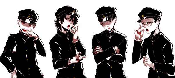 Anime picture 2000x900 with litchi hikari club (manga) raizou yakobu dentaku yyy. (pixiv) highres simple background red eyes wide image white background nail polish scar group crossed arms boy glasses cap