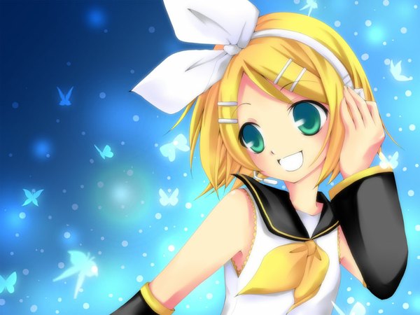 Anime picture 1024x768 with vocaloid kagamine rin kisaragi asami single blush short hair blonde hair smile green eyes looking away upper body grin sailor collar hand on headphones girl bow hair bow detached sleeves headphones insect