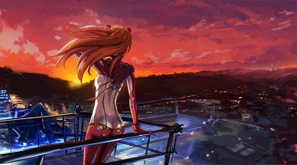 Anime picture 1200x668 with neon genesis evangelion rebuild of evangelion evangelion: 2.0 you can (not) advance gainax soryu asuka langley makacoon wide image sky cloud (clouds) red hair from behind back city evening sunset cityscape scenic girl bodysuit