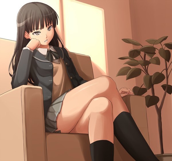 Anime picture 1100x1032 with amagami ayatsuji tsukasa pinkwaters long hair black hair sitting brown eyes girl plant (plants) serafuku room