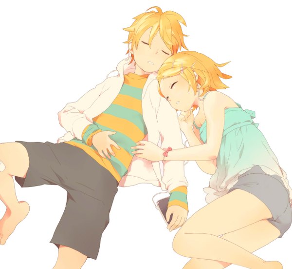 Anime picture 1300x1194 with vocaloid ipod kagamine rin kagamine len mino (artist) short hair simple background blonde hair white background eyes closed couple striped sleeping girl boy jacket shorts