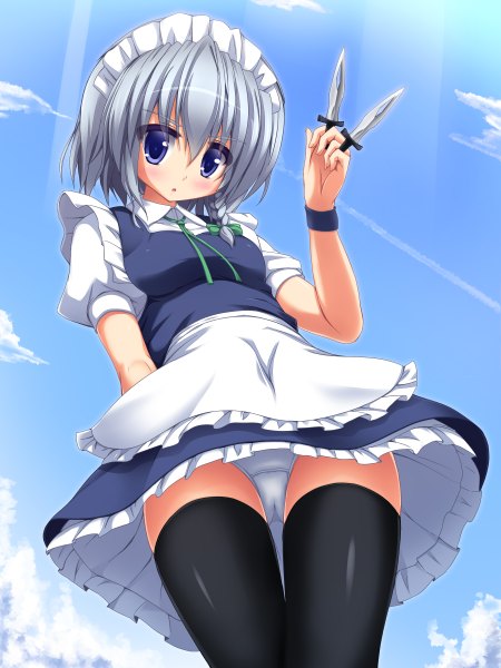 Anime picture 1800x2400 with touhou izayoi sakuya liya tall image blush highres short hair blue eyes light erotic silver hair maid pantyshot girl thighhighs dress black thighhighs headdress maid headdress knife