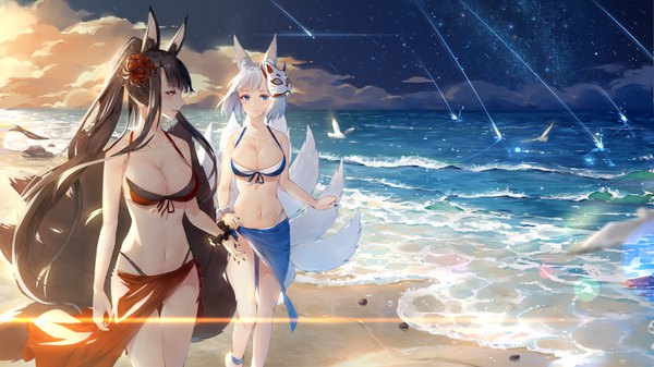 Anime picture 3000x1688 with azur lane akagi (azur lane) kaga (azur lane) akagi (paradise amaryllis) (azur lane) kaga (everlasting killing stone) (azur lane) maya g long hair highres short hair breasts light erotic black hair wide image large breasts multiple girls animal ears silver hair cloud (clouds) ponytail tail