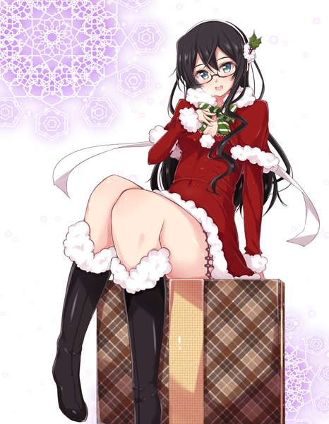 Anime picture 715x920 with kantai collection ooyodo light cruiser jiino single long hair tall image looking at viewer blush fringe breasts open mouth black hair hair between eyes sitting bent knee (knees) aqua eyes fur trim thighs christmas thick thighs