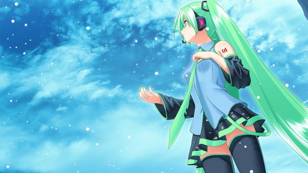 Anime picture 1920x1080 with vocaloid hatsune miku single highres wide image twintails sky cloud (clouds) aqua eyes aqua hair zettai ryouiki snowing winter girl thighhighs skirt black thighhighs detached sleeves necktie headphones