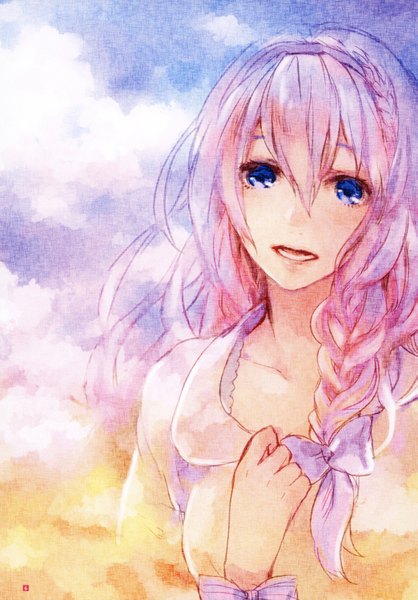 Anime picture 2085x2992 with vocaloid megurine luka ameiro (artist) single long hair tall image looking at viewer highres open mouth blue eyes pink hair braid (braids) girl dress bow hair bow