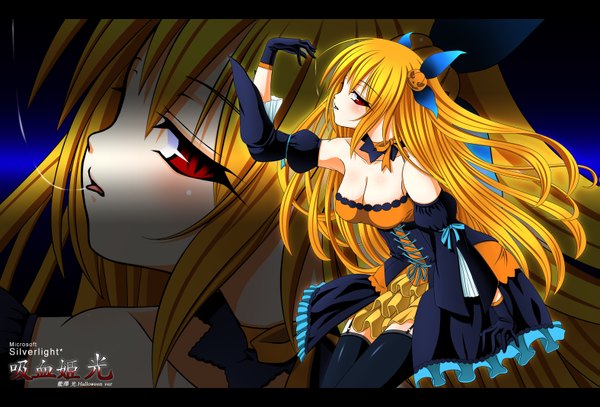 Anime picture 1575x1070 with microsoft aizawa hikaru long hair blush highres blonde hair red eyes zoom layer girl thighhighs dress gloves black thighhighs detached sleeves