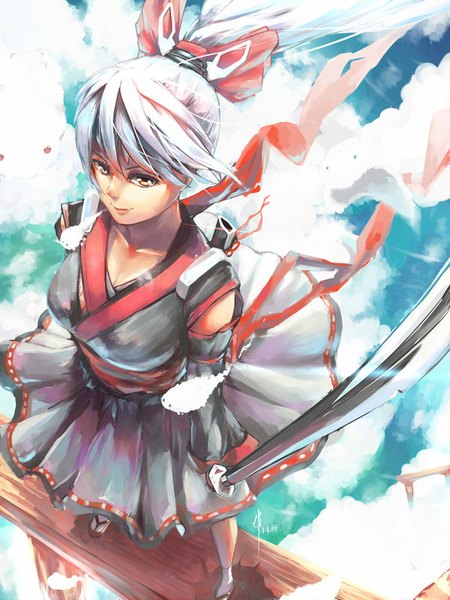 Anime picture 600x800 with guweiz single tall image fringe short hair smile white hair from above orange eyes girl bow weapon hair bow sword katana clothes