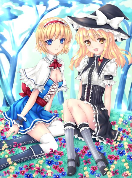 Anime picture 892x1200 with touhou kirisame marisa alice margatroid fred0092 long hair tall image looking at viewer short hair open mouth blue eyes blonde hair multiple girls yellow eyes witch girl thighhighs dress flower (flowers) 2 girls plant (plants)
