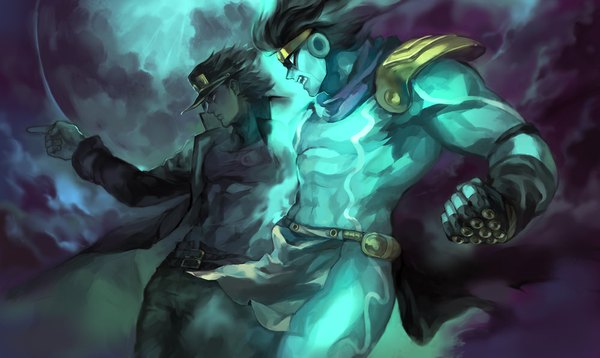 Anime picture 1000x598 with jojo no kimyou na bouken kujo jotaro star platinum oburaato short hair black hair wide image parted lips profile multiple boys outstretched arm fighting stance pointing blue skin aura stand (jojo) boy gloves uniform school uniform