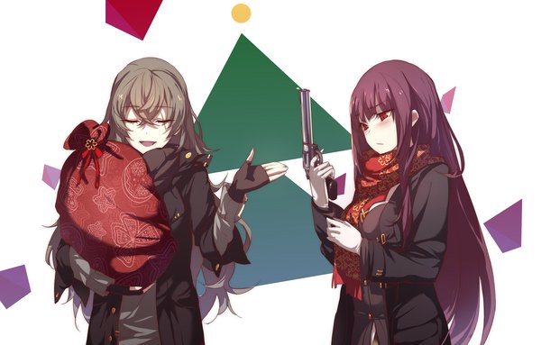 Anime picture 3507x2244 with girls frontline wa2000 (girls frontline) ump45 (girls frontline) inxst long hair blush fringe highres open mouth smile hair between eyes red eyes brown hair multiple girls holding absurdres purple hair eyes closed long sleeves open clothes