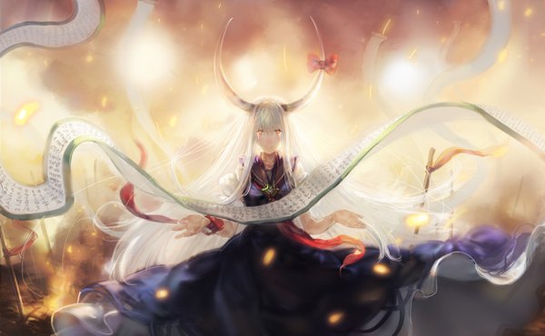 Anime picture 1280x790 with touhou kamishirasawa keine ex-keine kishiyo single long hair looking at viewer red eyes wide image white hair horn (horns) tears glowing crying field girl dress bow fire wristlet