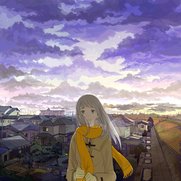 Anime picture 1700x1700 with original simeji (artist) single long hair looking at viewer blush fringe standing sky cloud (clouds) aqua eyes grey hair city exhalation city lights panorama girl gloves scarf building (buildings)