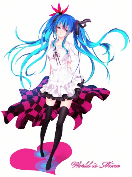 Anime picture 1000x1334 with vocaloid world is mine (vocaloid) hatsune miku single tall image blue eyes simple background white background twintails very long hair aqua hair girl thighhighs ribbon (ribbons) black thighhighs hair ribbon sundress