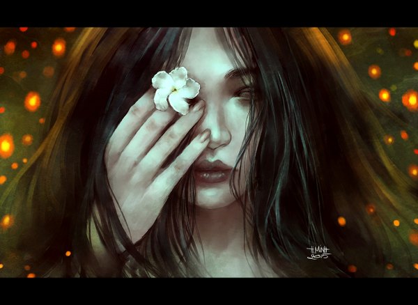 Anime picture 1300x950 with original nanfe single long hair black hair signed black eyes realistic lipstick dated letterboxed pale skin hand on face 2015 girl flower (flowers)