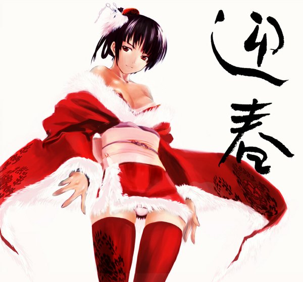 Anime picture 858x800 with original kawagishi keitarou single looking at viewer breasts light erotic simple background red eyes white background bare shoulders purple hair traditional clothes head tilt japanese clothes inscription wide sleeves from below pantyshot eyebrows girl