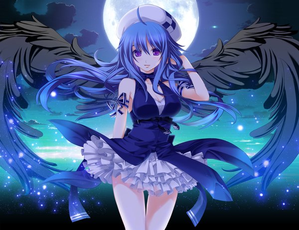 Anime picture 1500x1154 with pangya arin yuuki kira single long hair breasts light erotic smile purple eyes bare shoulders blue hair sky cleavage cloud (clouds) night black wings girl bow wings moon