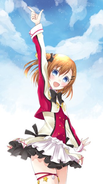Anime picture 730x1300 with love live! school idol project sunrise (studio) love live! kousaka honoka mirai (macharge) single tall image looking at viewer blush short hair open mouth blue eyes brown hair sky cloud (clouds) one side up girl skirt miniskirt jacket
