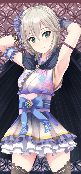 Anime picture 589x1255 with idolmaster idolmaster cinderella girls anastasia (idolmaster) inoshira single tall image looking at viewer fringe short hair blue eyes smile standing silver hair hair flower armpit (armpits) zettai ryouiki floral print arms behind head girl thighhighs