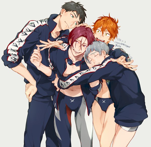 Anime picture 1130x1100 with free! kyoto animation matsuoka rin yamazaki sosuke aiichiro nitori mikoshiba momotarou mjomooz blush short hair open mouth blue eyes black hair blonde hair simple background smile red eyes yellow eyes red hair eyes closed aqua eyes