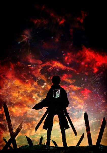 Anime picture 1000x1420 with shingeki no kyojin production i.g eren yaeger harada miyuki single tall image short hair holding looking away sky cloud (clouds) from behind dual wielding silhouette boy weapon sword star (stars) cape