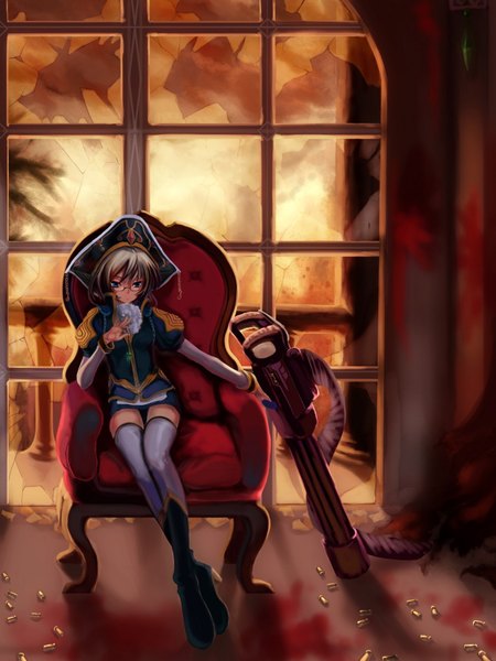 Anime picture 1248x1664 with original st.microscope single tall image short hair blue eyes sitting silver hair girl thighhighs dress weapon white thighhighs glasses boots window