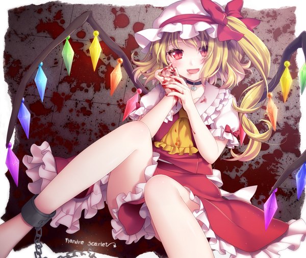 Anime picture 980x826 with touhou flandre scarlet miya (bluesky 121) single long hair blush open mouth blonde hair red eyes vampire girl dress bow wings frills blood bonnet crystal