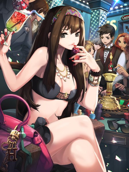 Anime picture 3000x4000 with original hyeona long hair tall image highres breasts brown hair sitting brown eyes crossed legs girl bracelet bag drink dice