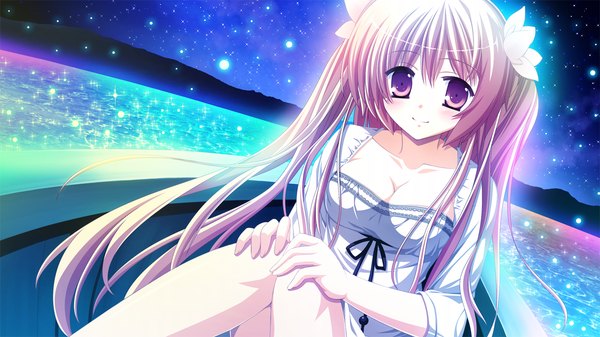 Anime picture 1280x720 with fortissimo//akkord:bsusvier (game) sakura (fortissimo) ooba kagerou single long hair looking at viewer blonde hair red eyes wide image sitting game cg hand on knee knees touching girl dress