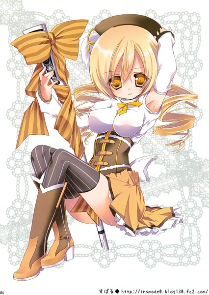 Anime picture 2485x3500 with mahou shoujo madoka magica shaft (studio) tomoe mami amanagi seiji single long hair tall image looking at viewer highres blonde hair yellow eyes scan drill hair girl thighhighs dress bow weapon detached sleeves boots