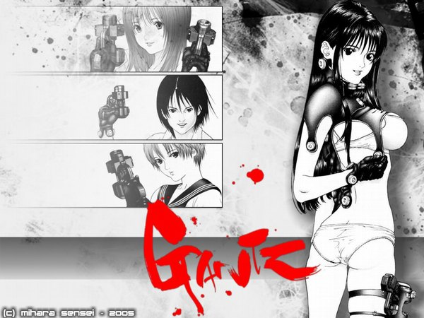 Anime picture 1024x768 with gantz gonzo long hair breasts light erotic black hair large breasts monochrome girl gloves underwear panties