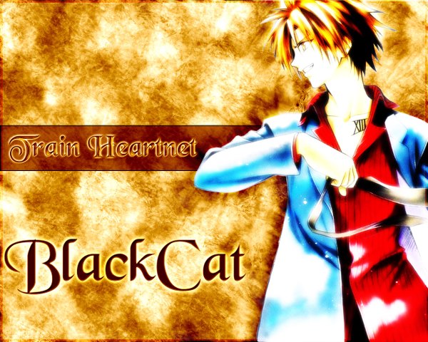 Anime picture 1280x1024 with black cat gonzo train heartnet yabuki kentarou single short hair blonde hair smile looking away profile copyright name character names grin third-party edit body writing boy blazer number (numbers)
