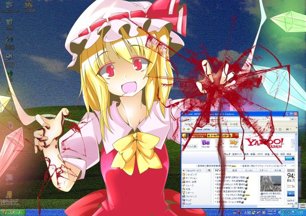 Anime picture 1746x1233 with touhou flandre scarlet highres blonde hair red eyes girl bow hat wings blood