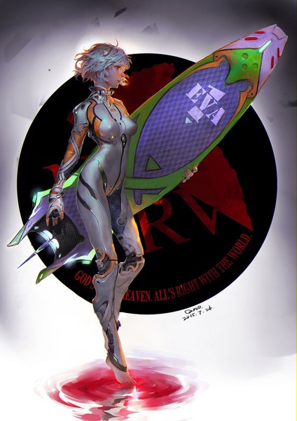 Anime picture 1357x1920 with neon genesis evangelion gainax ayanami rei luo guan gyou single tall image fringe short hair breasts red eyes standing holding signed silver hair full body parted lips profile barefoot inscription no shoes