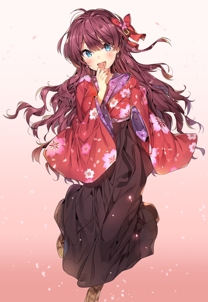 Anime picture 1179x1708 with idolmaster idolmaster cinderella girls ichinose shiki yuran (cozyquilt) single long hair tall image looking at viewer blush open mouth blue eyes purple hair traditional clothes japanese clothes girl bow hair bow petals kimono