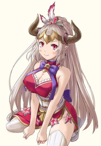 Anime picture 1000x1430 with granblue fantasy aliza (granblue fantasy) minazuki (karashikazoku) single long hair tall image looking at viewer blush breasts light erotic simple background smile large breasts white background bare shoulders payot cleavage ponytail pink eyes horn (horns)