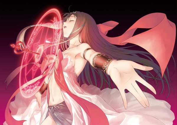 Anime picture 1815x1282 with shining (series) shining hearts kaguya (shining hearts) tony taka single long hair open mouth light erotic black hair absurdres eyes closed scan official art magic dark background spread arms girl navel ribbon (ribbons) hair ribbon